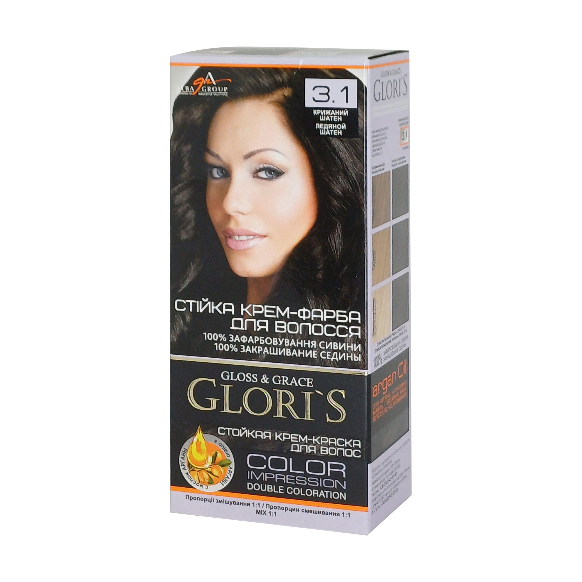 Стійка крем-фарба для волосся Glori's Gloss &amp; Grace для двох застосувань 3.1 Крижаний шатен, 130 мл
